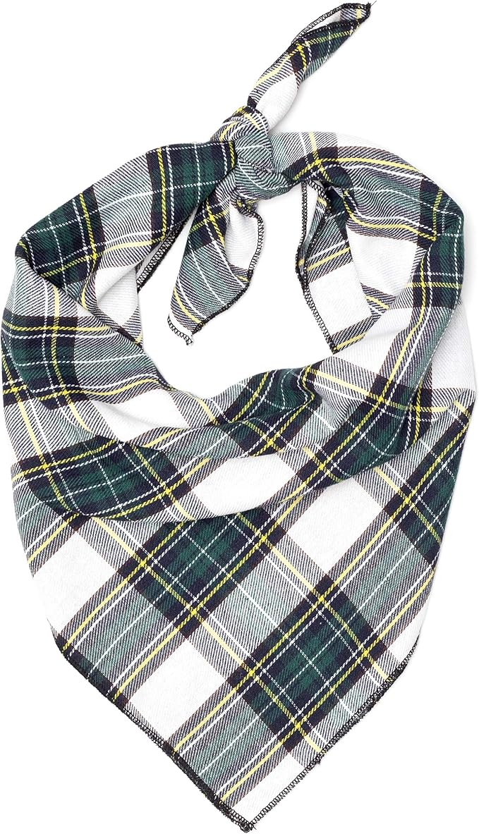 THE WORTHY DOG Classic Tie-On Dog Bandana – Soft Cotton Flannel Square Pet Bandana, Stewart Tartan Pattern, Green/White, Small