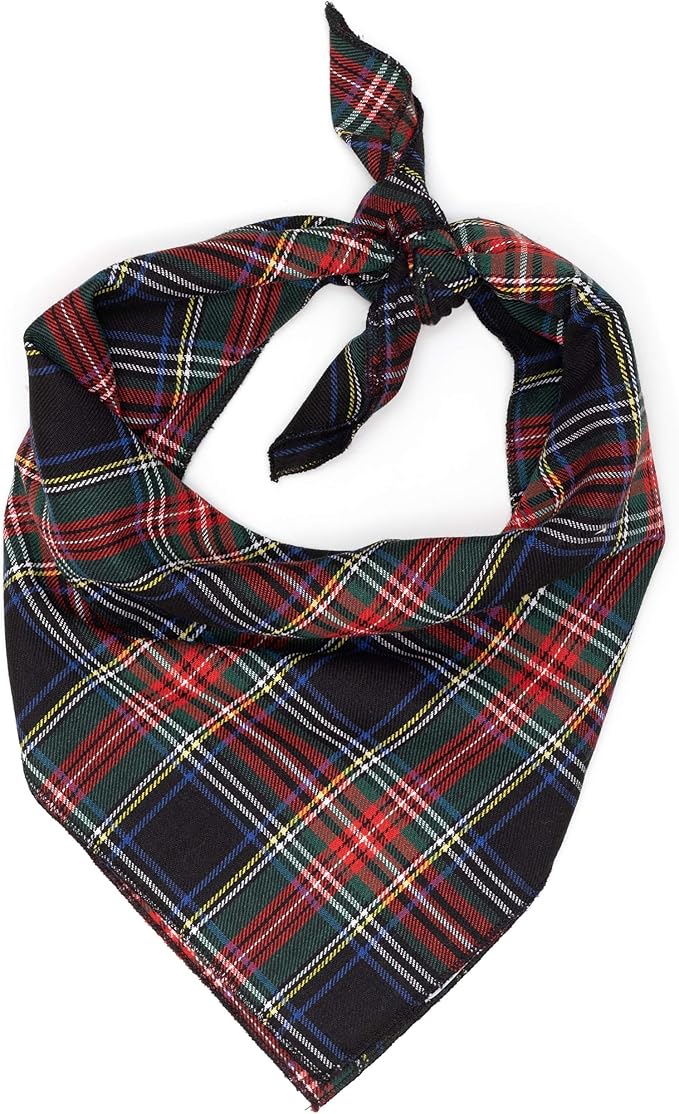 THE WORTHY DOG Classic Tie-On Dog Bandana – Soft Cotton Flannel Square Pet Bandana, Stewart Pattern, Black Multicolored, Small
