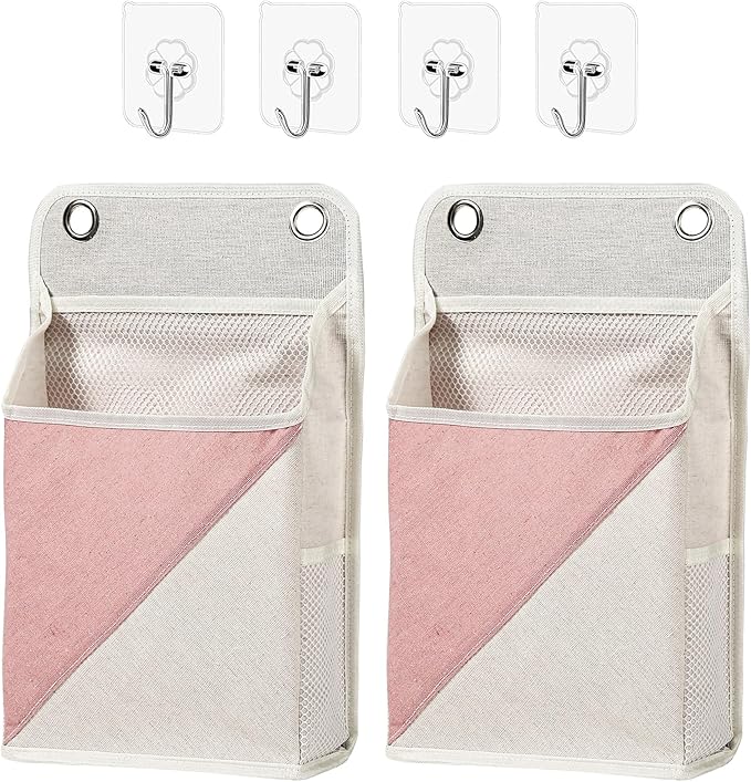 Someteth 2pcs Wall Hanging Storage Organizer Bag, Hanging baskets with pockets for Wall organizing, Storage Hanging Bag for Bedroom, Dormitory, Study Room, Bathroom (Pink/white)