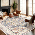 Washable Area Rug 9'x12' Blue Khaki Retro Flowers Boho Design Non-Shedding Easy Care Ideal for High Traffic Areas in Living Room Bedroom Office Coffee Table Kitchen Large Carpet