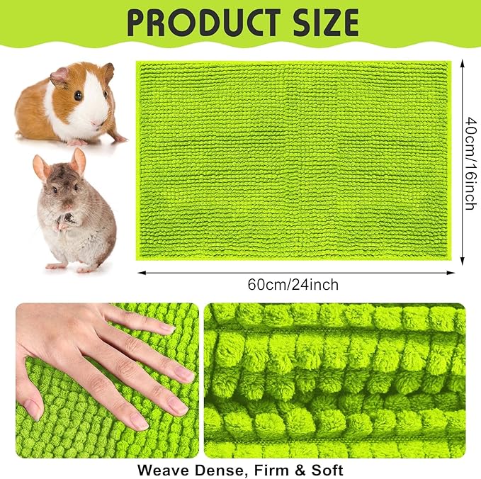 Amylove 4 Pcs Guinea Pig Cage Liner Guinea Pig Bedding Dog Door Mat for Muddy Pet Paws Washable Chenille Pee Pads Small Animal Sleeping Bed for Bunny Hamster(16 x 24 Inch,Rectangular,Green)