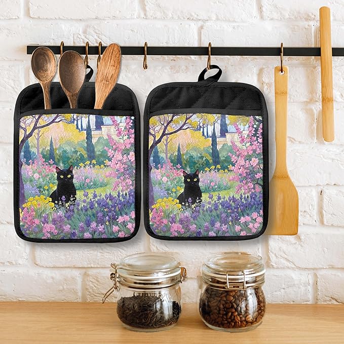 Black Cat Floral Garden Pot Holders with Pockets, Cottagecore Kitchen Decor, Fantasy Wildflower Botanical Oven Pot Holders Heat Resistant Oven Mitts Hot Pads for Kitchen Baking Cooking