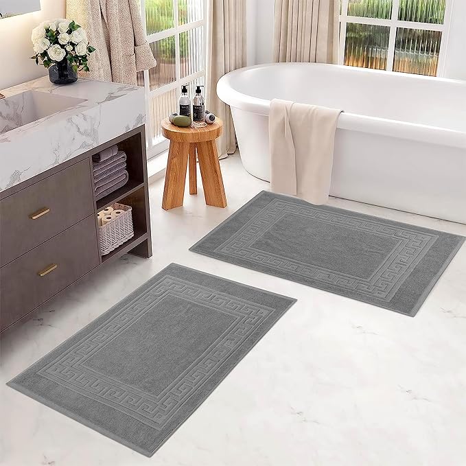 Superior Heavyweight Cotton Bath Mats, Bath Rugs For Bathroom Accessories, Washable Rug For Shower, Bath, Toilet, Modern Decor, No Backing, Luxury Hotel And Spa Quality, Set of 2, 22" x 35", Silver