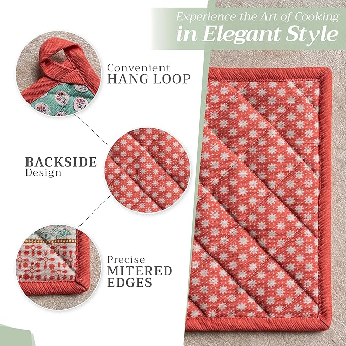 Maison d' Hermine Pot Holders Set 100% Cotton Heat Resistant Potholders 8" x 8" Hot Pads with Loop BBQ, Cooking, Baking, Grilling, Kitchen, Handling Hot Pans Spring/Summer (Pack of 2, Provence)