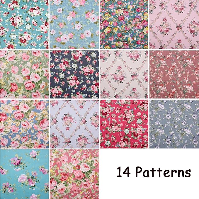 Hanjunzhao 14 Fat Quarters Bundle 18x22 inch - Pre-cut Cotton Quilting Fabric Squares - Quarter Yard Material -for Sewing, Quilting, Patchwork, and Holiday Halloween Christmas DIY Crafts -Retro Floral