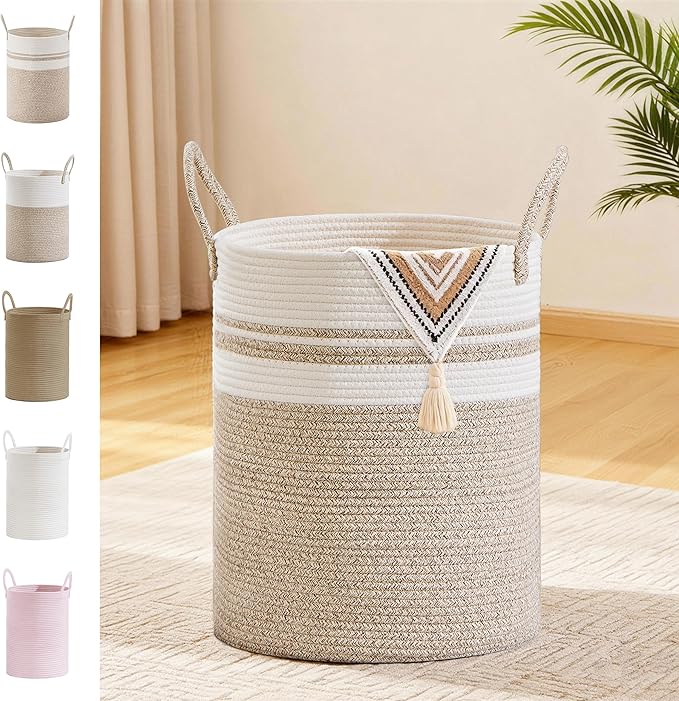 SunNewt Tall Laundry Basket with Handles, 53L Portable Dirty Clothes Hamper, Boho Cotton Rope Storage Bin for Blankets Kids Toys Gifts, Decorative Organizer for Nursery Bedroom Bathroom, New Brown