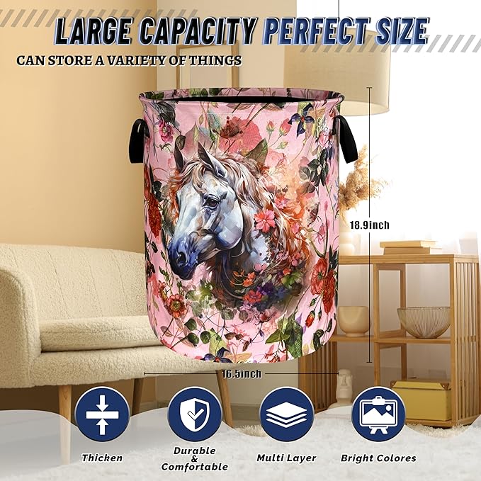 White Horse Flowers Laundry Hamper Oxford Cloth Animals Funny Laundry Basket With Handle Portable Clothes Storage Basket Foldable Laundry Bag 18.9"x16.5"For Laundry Room/Bedroom/Bathrooms