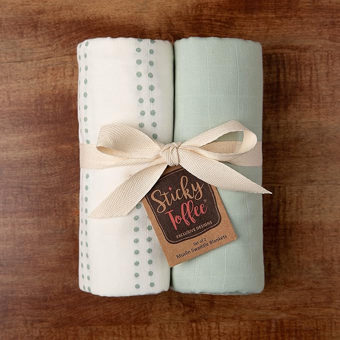 Sticky Toffee Muslin Swaddle Baby Blanket, Mint Green and Cream Dots, 47 x 47 in, Soft Breathable Oeko-Tex Cotton Newborn Wrap and Receiving Blanket