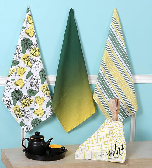 ACCENTHOME Kitchen Towels Set of 4 Super Absorbent Durable Towels Perfect for Kitchen Mess & Drying Dishes 50x70 cm Stripe & Check Pattern Pineapple Slices Print