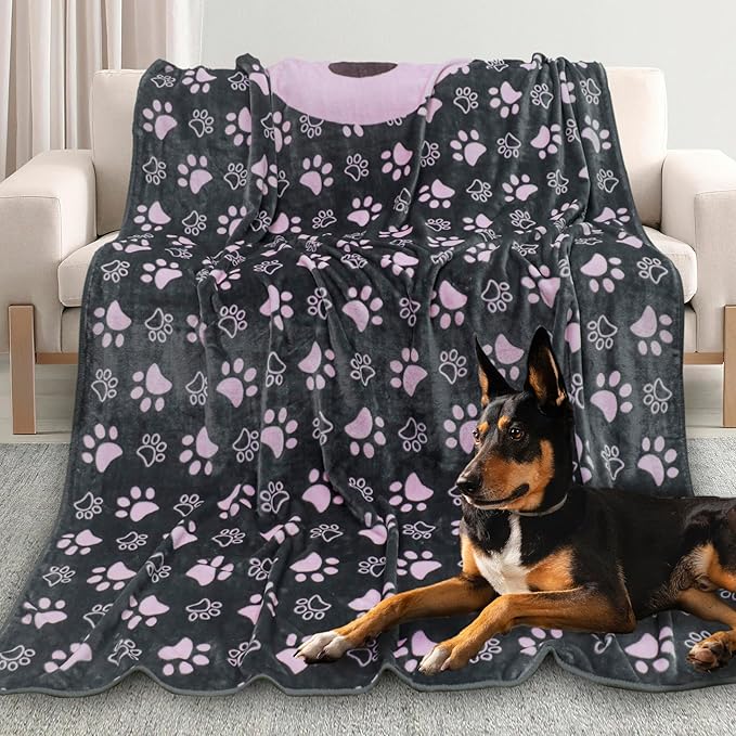 Gowyeg Dog Blankets for Large Dogs,Washable Pet Blanket, Soft Crate Bed with Paw Pattern for Kennel/Couch, Grey & Pink 80x60 Inch