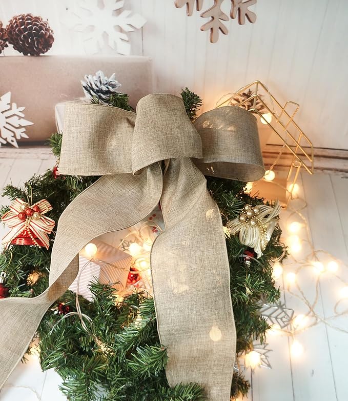 CT CRAFT LLC Burlap Fabric Wired Ribbon 4 Inch x 10 Yards Natural Color for Christmas Home Wedding Decor Gift Wrapping Tree Topper Bow Wreath Bouquet DIY Crafts