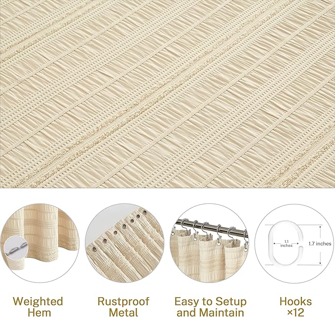 Siiluminisoy Beige Shower Curtain Farmhouse Shower Curtain Cotton Blend Striped Shower Curtains for Bathroom Shabby Chic Rustic Decor 72 x 72