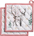 Maison d' Hermine Pot Holders Set 100% Cotton Heat Resistant Potholders 8" x 8" Hot Pads with Loop for Thanksgiving Christmas Decorations BBQ Baking Handling Hot Pans (Pack of 2, Rural Christmas)