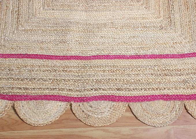 Scalloped Edge Rug, Hand Woven Natural Jute Area Rug, 4x6 Ft Beige & Pink Braided Sisal Kilim Rugs for Living Room, Kitchen, Entryway, Farmhouse