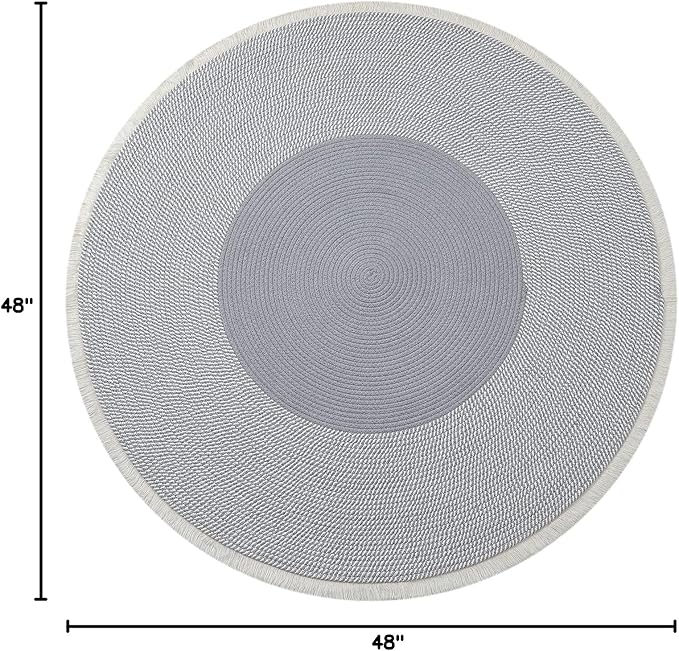 Handwoven 4ft Round Cotton Rope Rug with Tassel Trim – Washable Boho Braided Circle Rug for Living Room, Bedroom, Nursery – Soft Gray, Durable & Natural