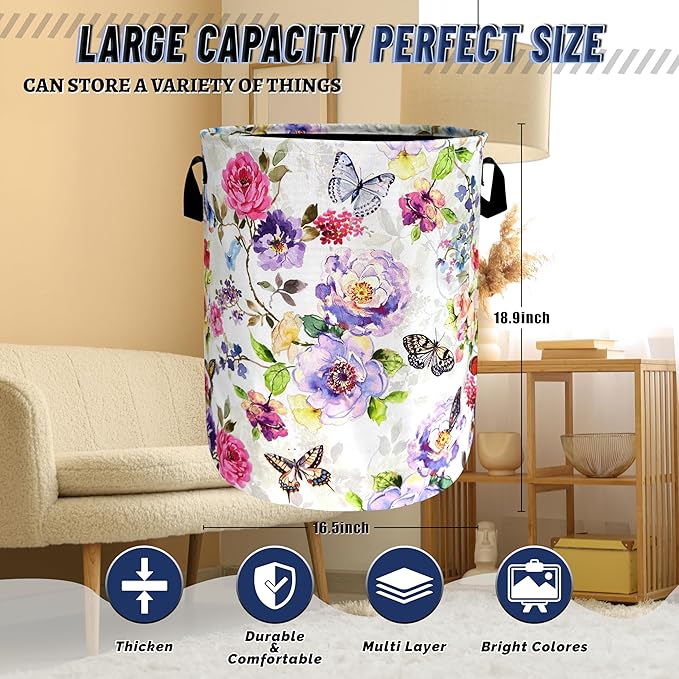 Beautiful Butterfly Floral Laundry Hamper Foldable Oxford Cloth Colorful Flowers Laundry Basket With Handle Portable Clothes Storage Basket Laundry Bag 18.9"x16.5" For Laundry Room/Bedroom/Bathrooms