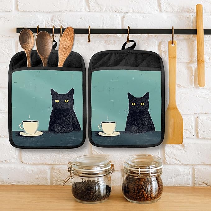 Turquoise Coffee Black Cat Pot Holders with Pockets, Cat Kitchen Decor, Vintage Quirky Black Kitten Oven Pot Holders Heat Resistant Oven Mitts Hot Pads for Kitchen Baking Cooking