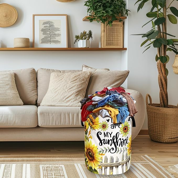 You Are My Sunshine Sunflower Laundry Basket Oxford Cloth Funny Laundry Hamper With Handle Portable Clothes Storage Basket Foldable Floral Laundry Bag 18.9"x16.5" For Laundry Room/Bedroom/Bathrooms