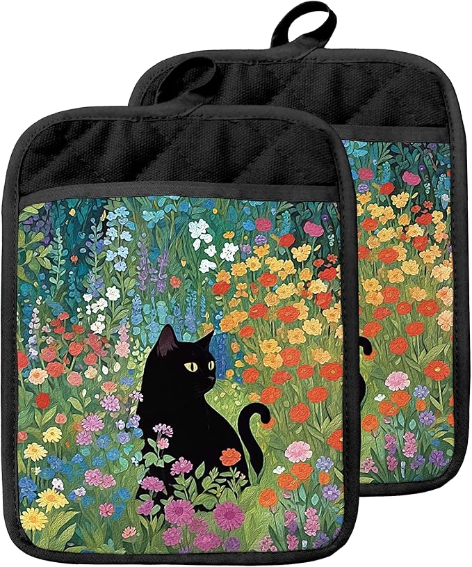 Abstract Wildflower Black Cat Pot Holders with Pockets, Cottagecore Kitchen Decor, Whimsical Floral Cat Oven Pot Holders Heat Resistant Oven Mitts Hot Pads for Kitchen Baking Cooking
