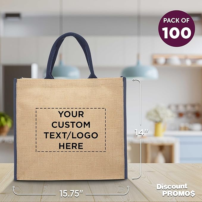 DISCOUNT PROMOS Custom Fresno Eco Friendly Jute Tote Bags Set of 100, Personalized Bulk Pack - Reusable, Great for Tradeshows, Grocery, Shopping and Outdoor Events - Blue
