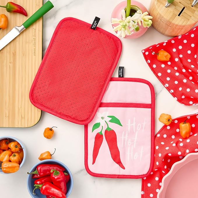 Kate Spade New York Hot Hot Hot Peppers Pot Holder 2-Pack Set, Heat Resistant, 100% Cotton, Red/Pink, 7"x10"