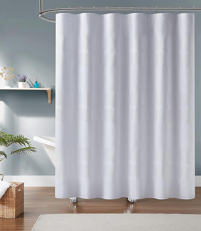 Warm Home Designs White Waffle Shower Curtain with Fabric Stripes 70 x 72 Inches. Striped Shower Curtains for Bathroom. W White 72"