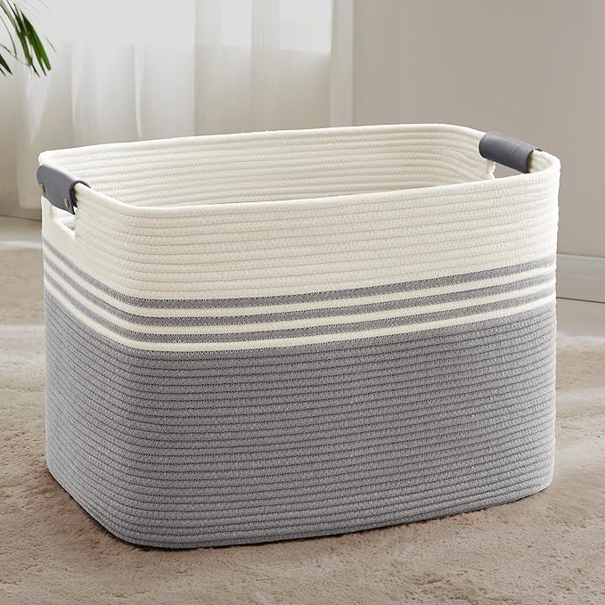 SunNewt 100L Extra Large Laundry Basket with Leather Handles for Living Room Storage, Woven Rope Baskets for Blanket, Kids Toy, Gifts, Wicker Hamper for Bedroom Dirty Clothes, 24"x16"x16" White Grey
