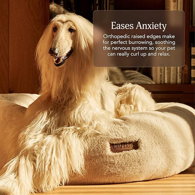 UnHide Floof Pet Bed - Large (35" x 12") - Extra Soft Dog Bed - Removable Faux Fur Cover - Machine Washable - Helps Ease Pet Anxiety & Provides The Perfect Sleep - Cowhide