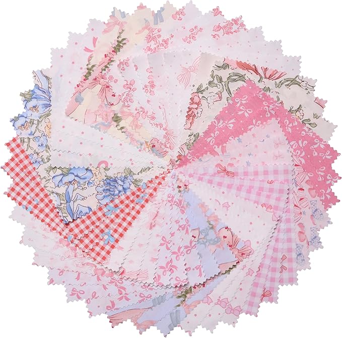 Hanjunzhao Valentines Pink Blue Bow Cotton Fabric Squares 10x10, 42Pcs Layer Cake Fabric for Quilting 10 inch, Layer Cakes 10 inch Squares for Quilting, DIY Bowknot, Gift Wrapping, Party Decor, Bows
