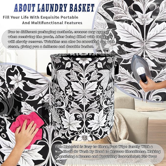 Black White Floral Butterfly Laundry Hamper Foldable Oxford Cloth Flowers Laundry Basket With Handle Portable Clothes Storage Basket Laundry Bag 18.9"x16.5" For Laundry Room/Bedroom/Bathrooms