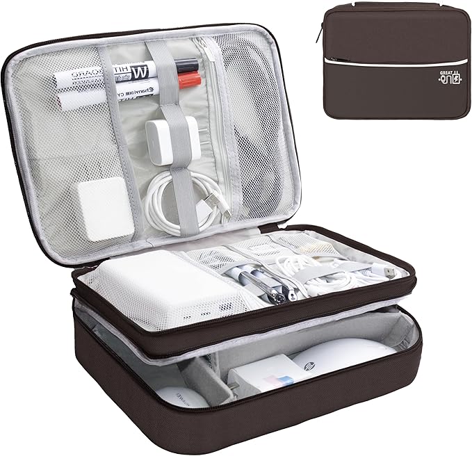 Miavers Electronics Organizer,Travel Cord Organizer Pouch, Portable Cable Organizer Bags, Waterproof Electronic Accessories Storage Case for Cables, Cords, Charger, Phone (Three Layer-Brown)