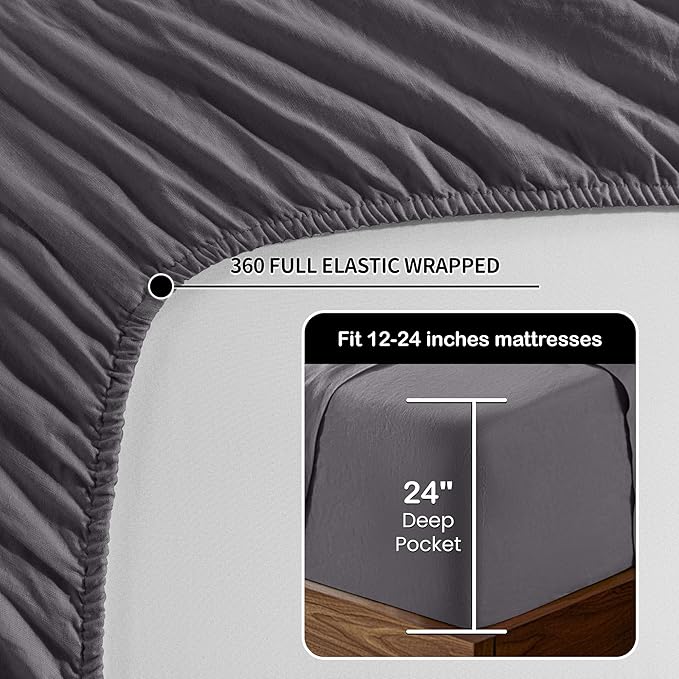 LBRO2M 100% Linen Sheet Set 24" Deep Pocket California King Size,Bed Sheets 4 Piece Sets,Solid Color Natural Flax Bed Sheets Soft Breathable Bedding,All Season (Clifornia King, Dark Grey)