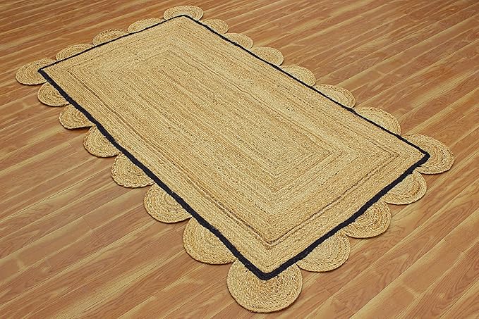 Scalloped Jute Rug, Hand Woven Runner Area Rug, 3x10 Ft Beige & Black Braided Natural Sisal Kilim Rugs for Living Room, Kitchen, Entryway, Farmhouse