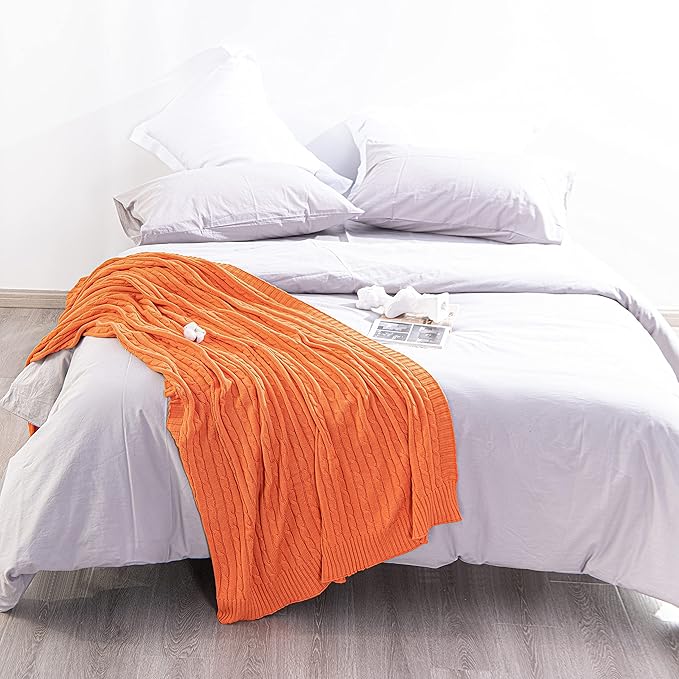 NTBAY 100% Pure Cotton Cable Knit Throw Blanket, Super Soft Warm 51x67 Knitted Throw Blanket for Couch, Sofa, Chair, Bed - Extra Cozy, Machine Washable, Comfortable Home Decor, Orange