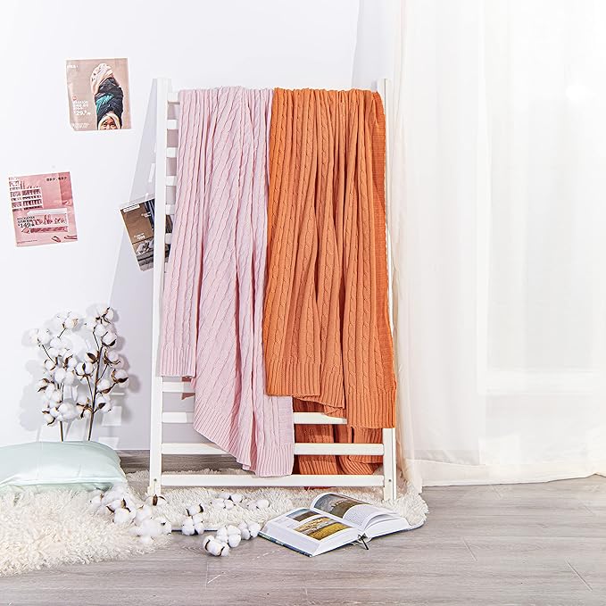 NTBAY 100% Pure Cotton Cable Knit Throw Blanket, Super Soft Warm 51x67 Knitted Throw Blanket for Couch, Sofa, Chair, Bed - Extra Cozy, Machine Washable, Comfortable Home Decor, Orange