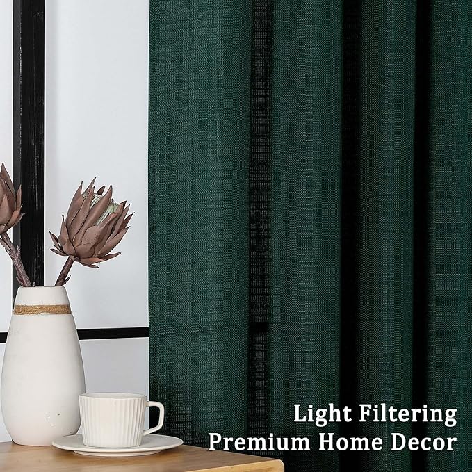 Lecloud Bessie Hunter Green Valance for Windows 14 Inch Length 2 Pcs, Classic Textured Faux Linen Cafe Curtains, Rod Pocket Short Curtains for Bathroom Basement Laundry Room, Each 30" W x 14" L