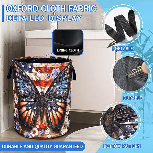 American Flag Butterfly Laundry Basket Daisy Flowers Oxford Cloth Laundry Hamper With Handle Foldable Portable Clothes Storage Basket 18.9 X 16.5 Inch Storage Bag For Laundry Room/Bathroom/Bedroom