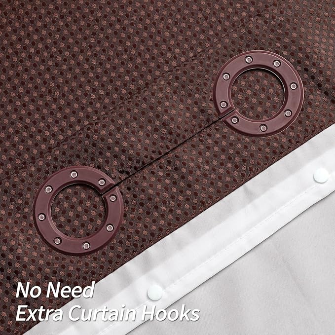 MitoVilla Brown Waffle Small Stall Shower Curtain Liner Set 36 x 74, No Hooks Required Half Size Narrow Fabric Shower Curtain Set with Snap-in Liner for Modern Farmhouse Bathroom Decor, Dark Brown