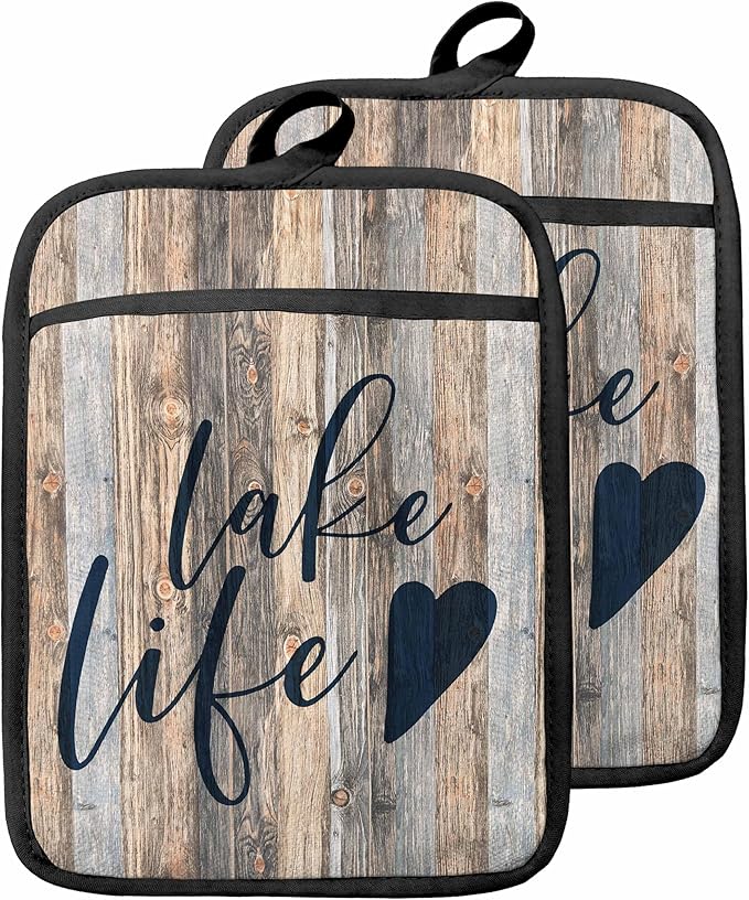 Lake Life Gifts Pot Holders with Pockets, Lake Life House Gifts for Cabin Owners Women Oven Pot Holders Heat Resistant Oven Mitts Hot Pads for Kitchen Baking Cooking