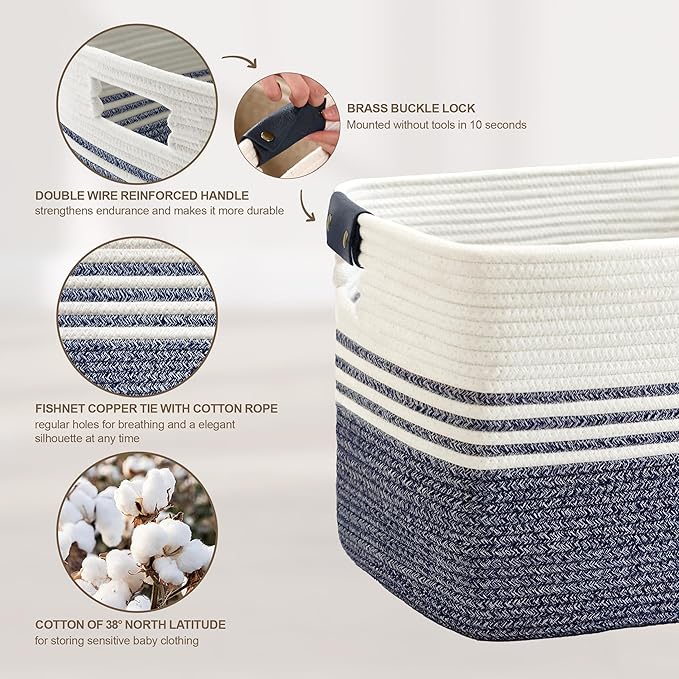 SunNewt 72L Large Laundry Basket with Leather Handles for Living Room Storage, Woven Rope Baskets Bin for Blanket, Kids Toy, Gifts, Wicker Hamper for Bedroom Dirty Clothes, 22"x17"x12" Denim Blue