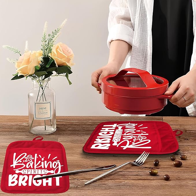Red Christmas Baker Pot Holders with Pockets, Baking Spirits Bright Holiday Christmas Gingerbread Oven Pot Holders Heat Resistant Oven Mitts Hot Pads for Kitchen Baking Cooking
