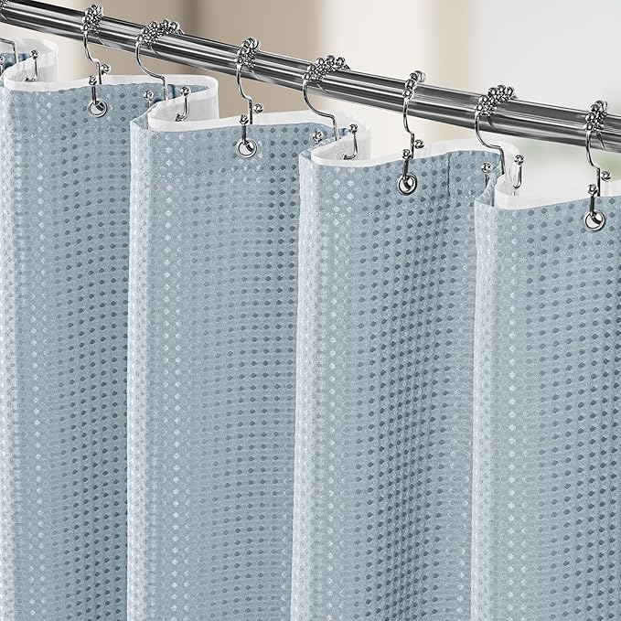 Vipfree 3 in 1 Shower Curtain Set, Waffle Shower Curtain and Liner Set with 12 Double Sided Shower Curtain Hooks, 258GSM Luxury Weighted Cloth Shower Curtains for Bathroom, 72 W x 72 H, Fog Blue