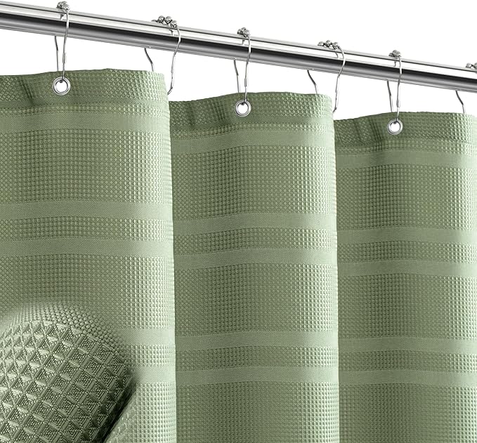 TURKIO Sage Green Shower Curtain Waffle Weave Shower Curtain Striped Fabric Shower Curtains for Bathroom, Green Bathroom Decor, (72Wx72H, Sage Green)