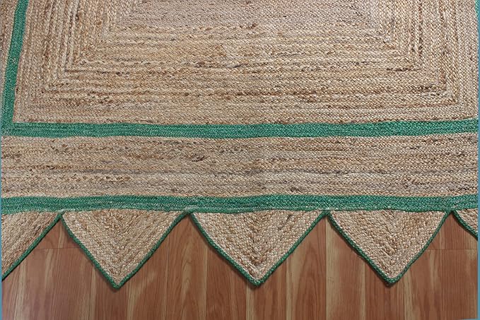 Scalloped Edge Rug, Hand Woven Natural Jute Area Rug, 4x4 Ft Square Beige & Green Braided Kilim Rugs for Living Room, Kitchen, Entryway, Farmhouse