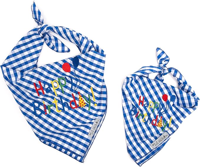 THE WORTHY DOG Classic Tie-Ir Dog Bandana – Soft Cotton Flannel Square Pet Bandana, Happy Birthday Pattern, Blue, Large