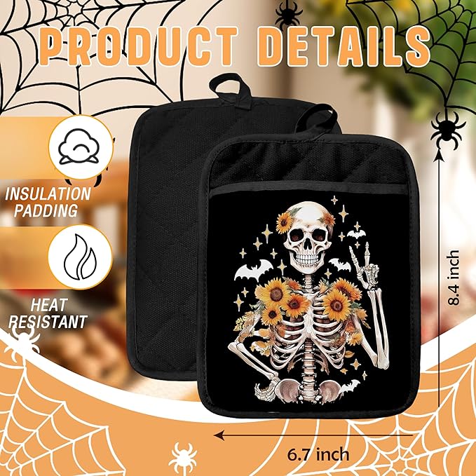 Halloween Sunflower Skeleton Pot Holders with Pockets, Funny Halloween Skull Bat Sunflower Oven Pot Holders Heat Resistant Oven Mitts Hot Pads for Kitchen Baking Cooking