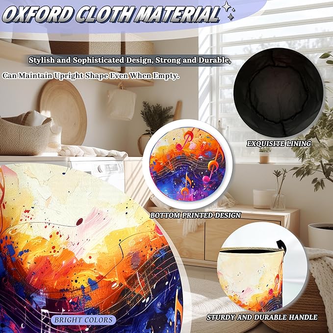 Colorful Music Notes Laundry Hamper Foldable Oxford Cloth Music Funny Laundry Basket With Handle Portable Clothes Storage Basket Laundry Bag 18.9"x16.5" For Laundry Room/Bedroom/Bathrooms