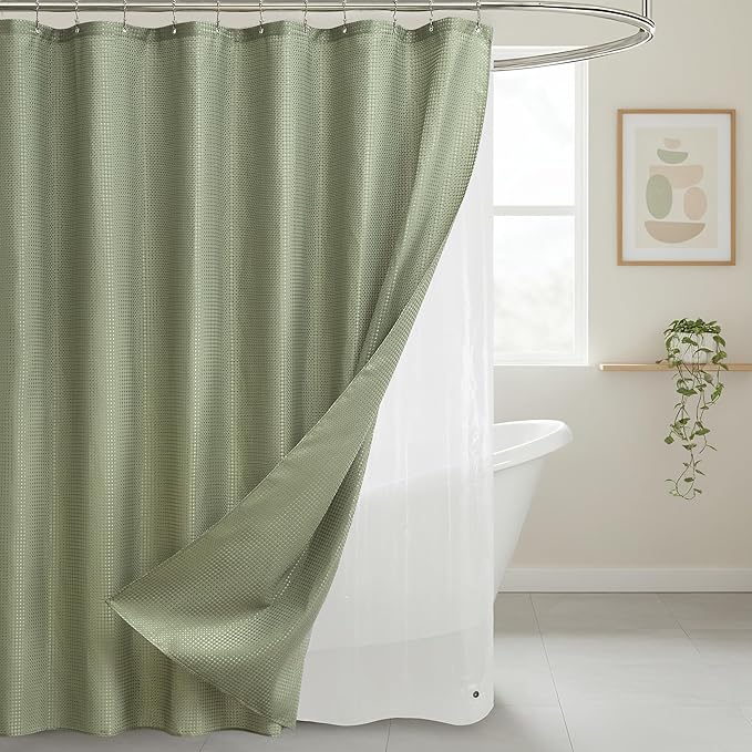 Lameirose 3 in 1 Shower Curtain Set, Waffle Shower Curtain and Liner Set with 12 Double Sided Shower Curtain Hooks, 72 x 84 Fabric Shower Curtains for Bathroom, Green