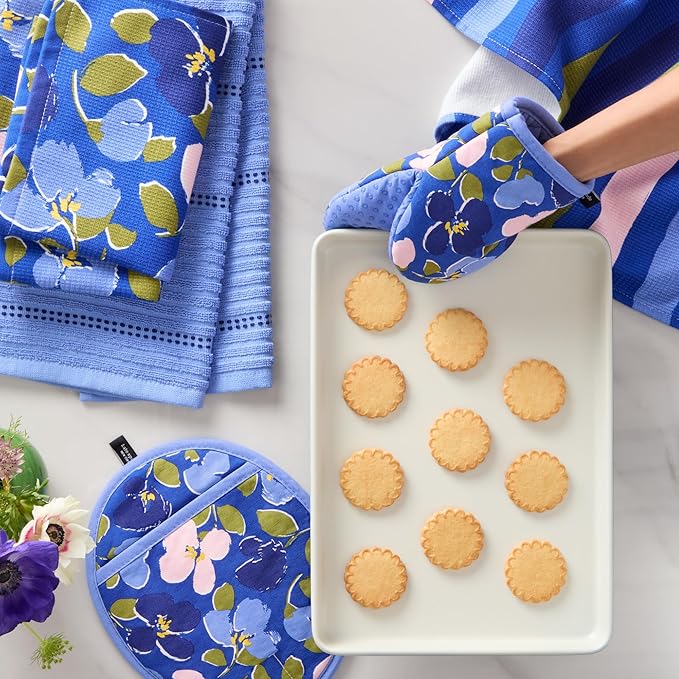 Kate Spade New York Painterly Bouquet Pot Holder 2-Pack Set, Heat Resistant, 100% Cotton with Printed Non-Slip Silicone Grip, Blue/Green/Rose, 8"X10"