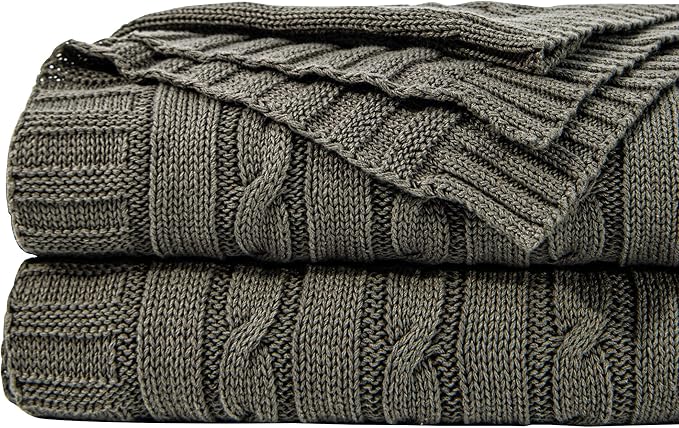 NTBAY 100% Pure Cotton Cable Knit Throw Blanket, Super Soft Warm 51x67 Knitted Throw Blanket for Couch, Sofa, Chair, Bed - Extra Cozy, Machine Washable, Comfortable Home Decor, Grey